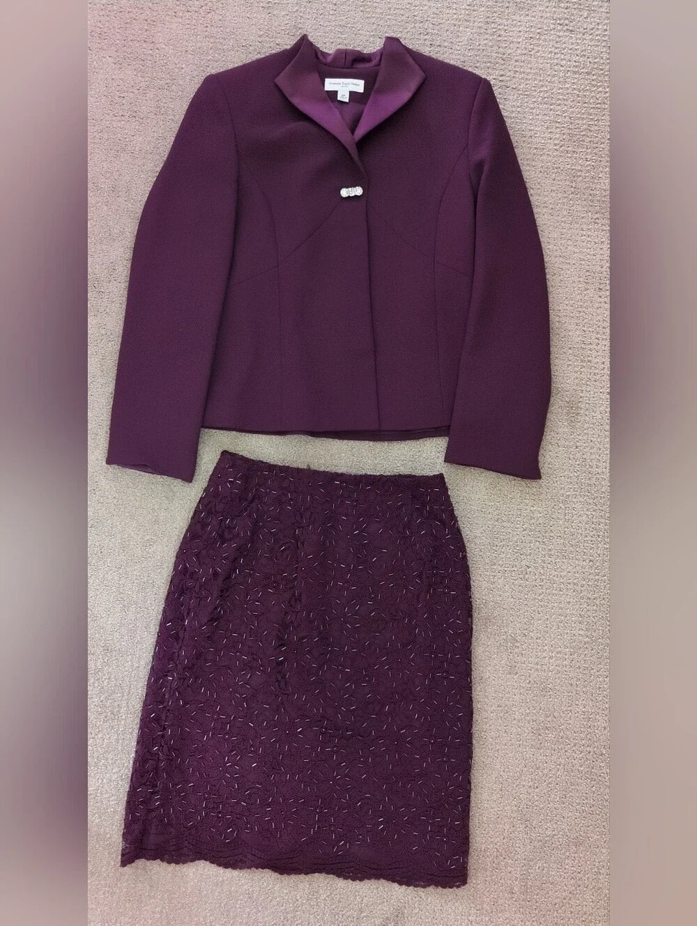 Amanda Smith Petite Eggplant Bejeweled Blazer And Matching Skirt Suit Set